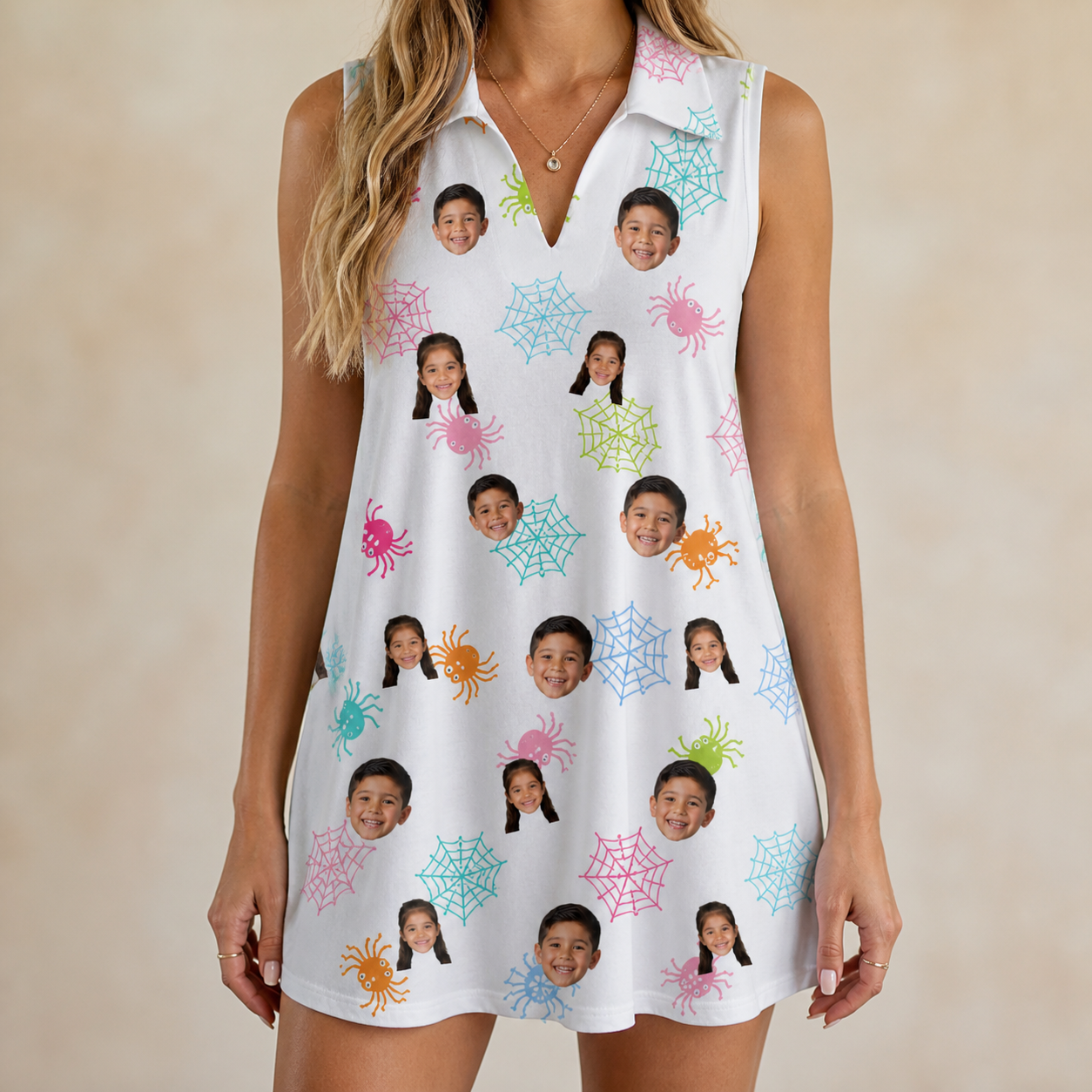 Model wearing Women's Sticky Situation Custom Face V-Neck Dress printed with kids' faces