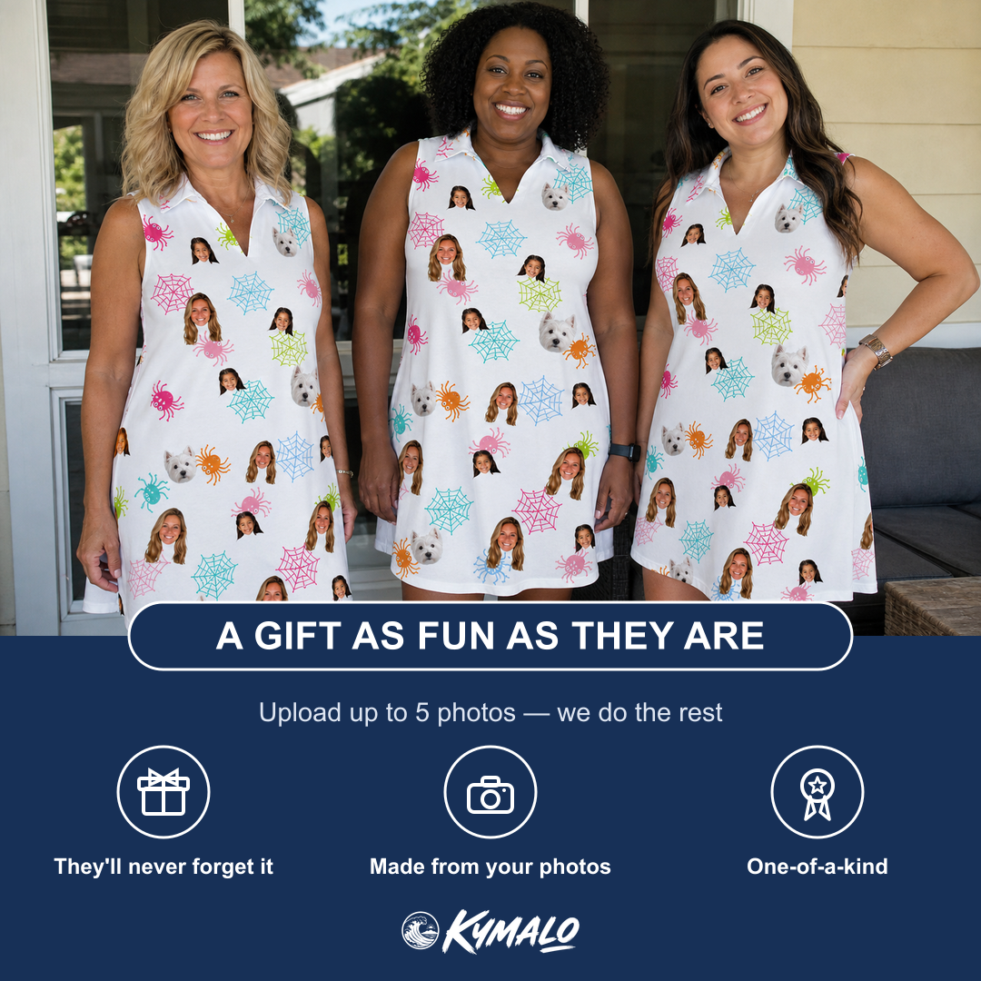 Friends in matching Women's Sticky Situation Custom Face V-Neck Dress — a group gift photo