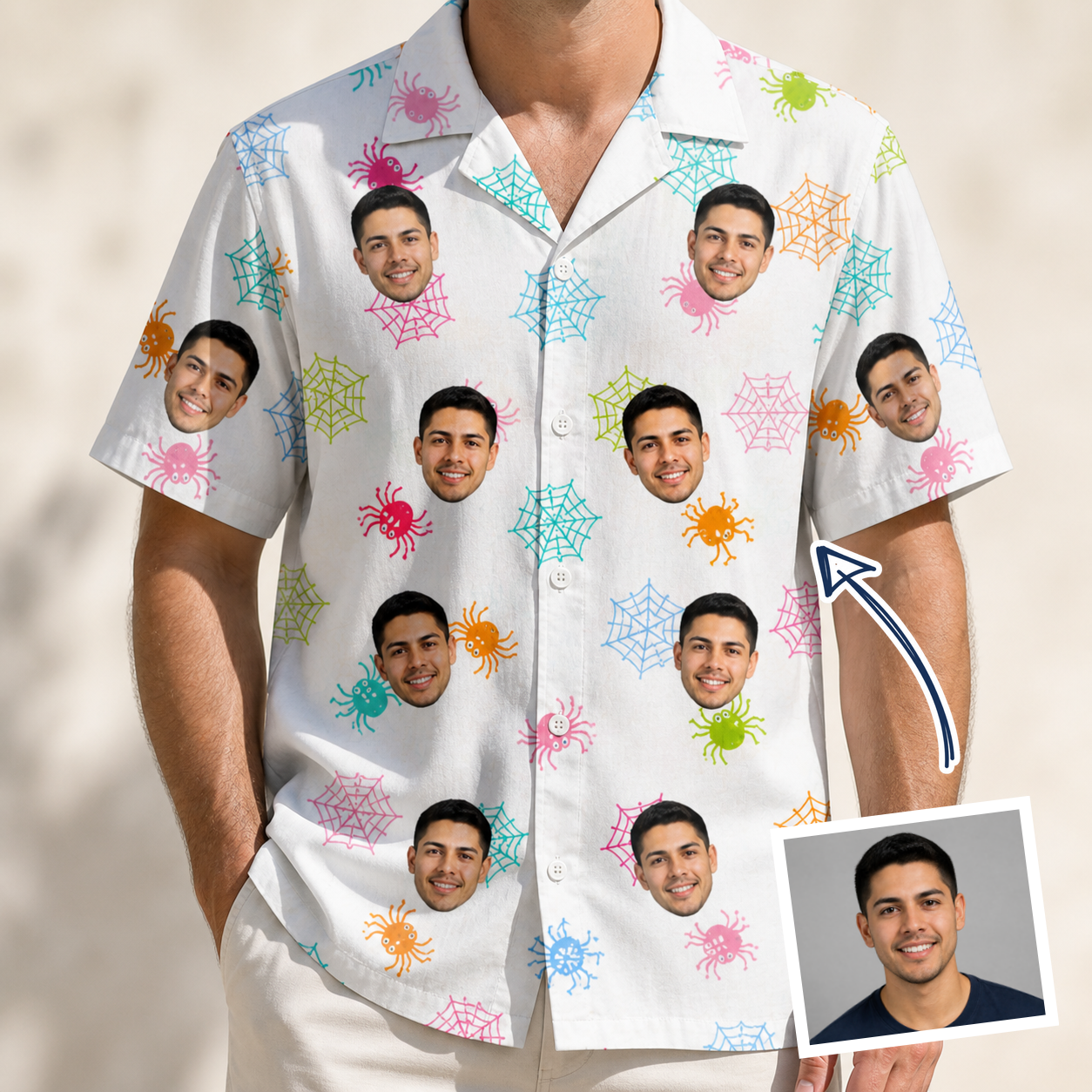 Man wearing Men's Sticky Situation Custom Face Hawaiian Shirt — custom faces printed all-over