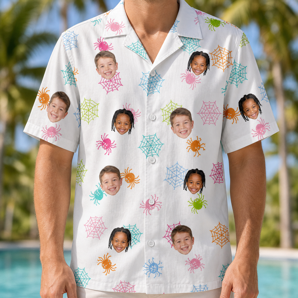Model wearing Men's Sticky Situation Custom Face Hawaiian Shirt printed with kids' faces
