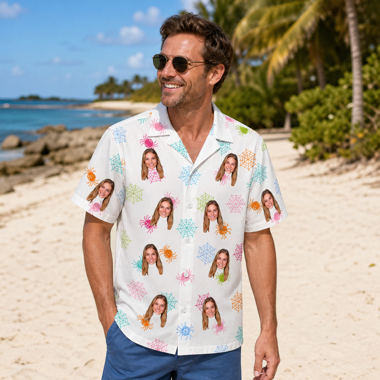 Real-life photo of someone wearing Men's Sticky Situation Custom Face Hawaiian Shirt — custom faces printed all-over
