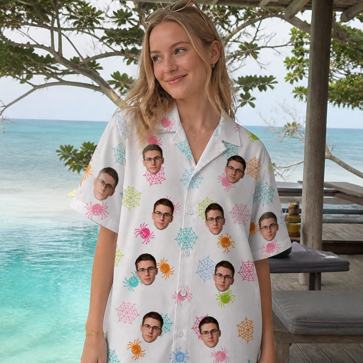 Real-life photo of someone wearing Women's Sticky Situation Custom Face Hawaiian Shirt — custom faces printed all-over