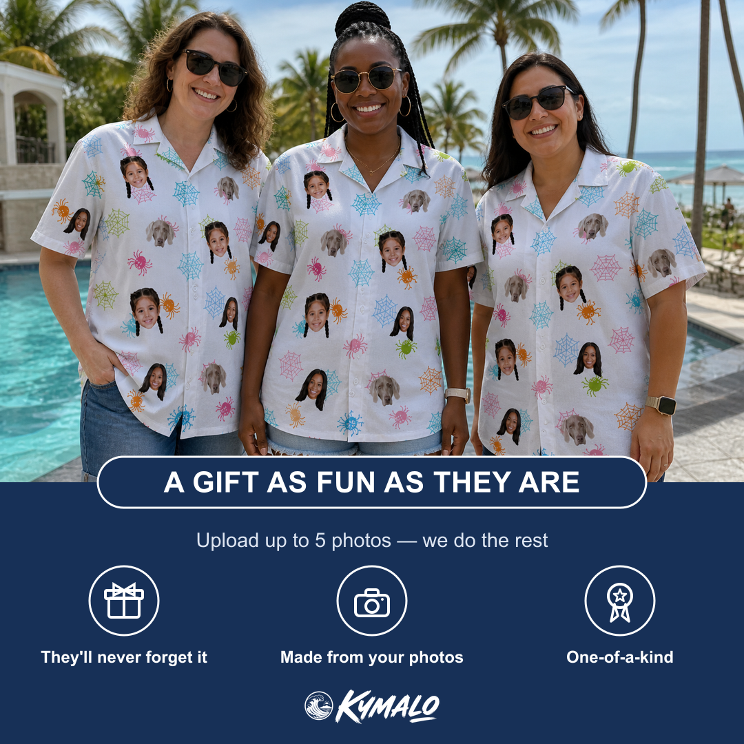 Friends in matching Women's Sticky Situation Custom Face Hawaiian Shirt — a group gift photo