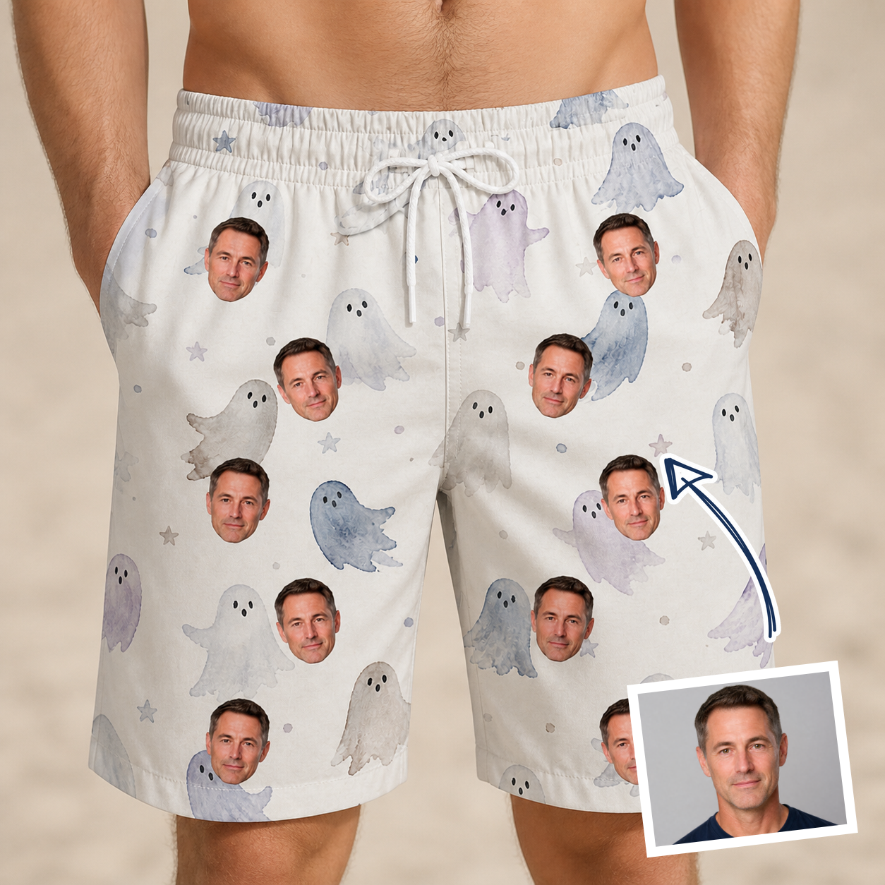 Man wearing Men's Wraith Wiggles Custom Face Beach Shorts — custom faces printed all-over