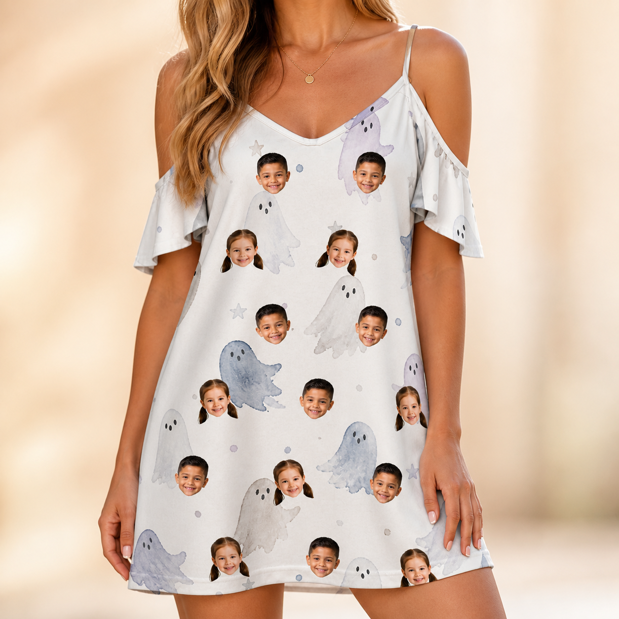 Model wearing Women's Wraith Wiggles Custom Face Off-Shoulder Dress printed with kids' faces