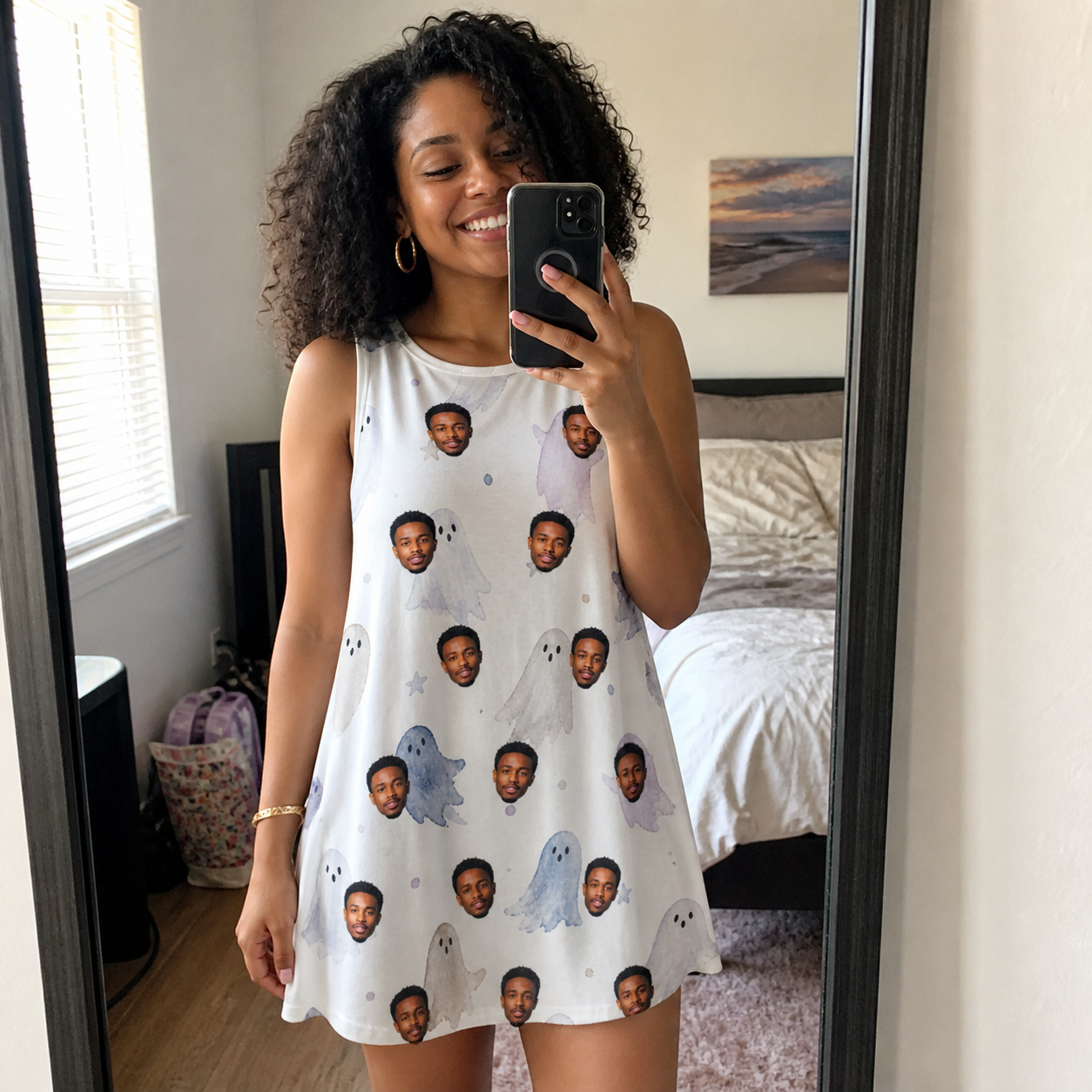 Real-life photo of someone wearing Women's Wraith Wiggles Custom Face Tank Dress — custom faces printed all-over