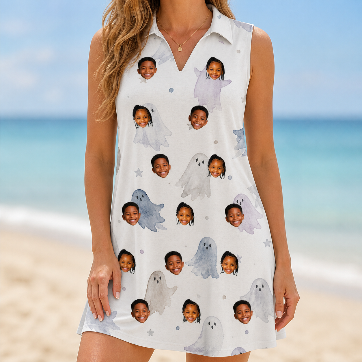 Model wearing Women's Wraith Wiggles Custom Face V-Neck Dress printed with kids' faces