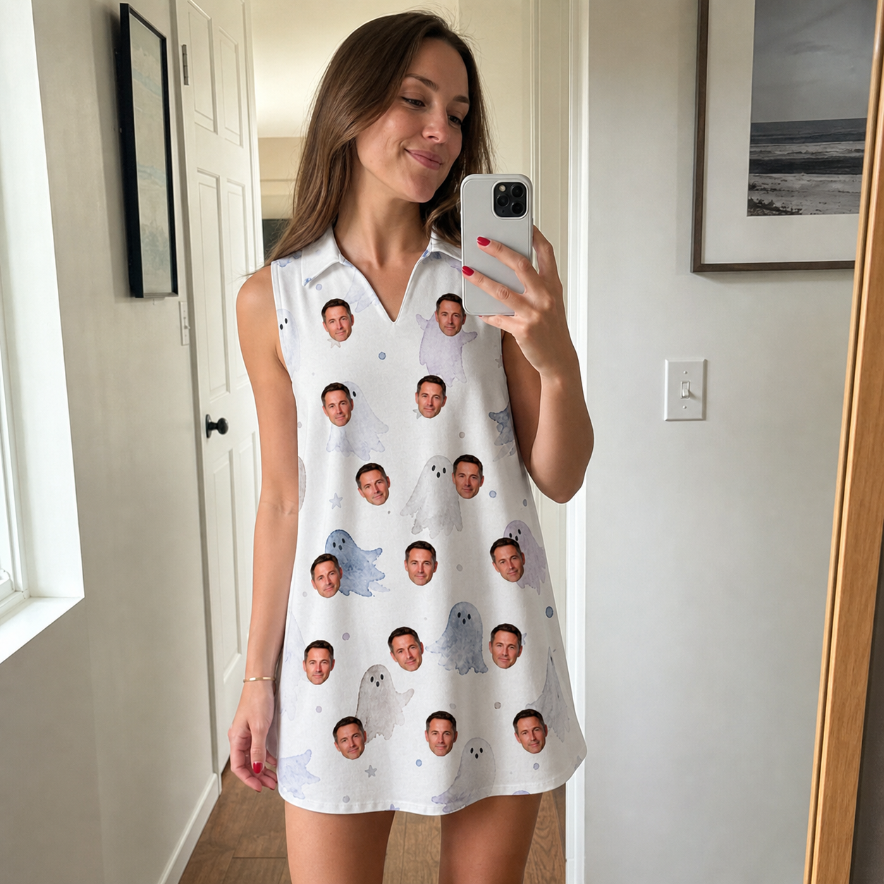 Real-life photo of someone wearing Women's Wraith Wiggles Custom Face V-Neck Dress — custom faces printed all-over