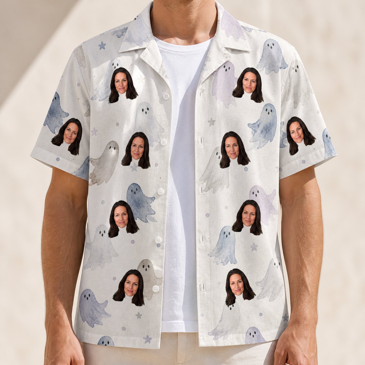 Man wearing Men's Wraith Wiggles Custom Face Hawaiian Shirt open over a white tee