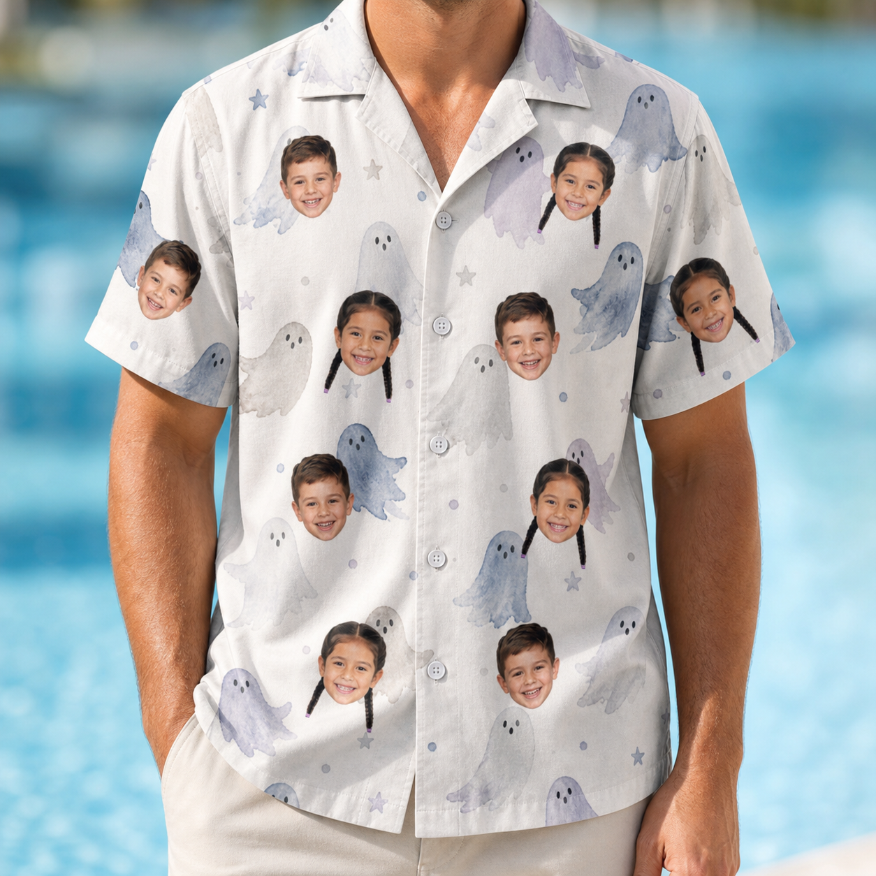 Model wearing Men's Wraith Wiggles Custom Face Hawaiian Shirt printed with kids' faces