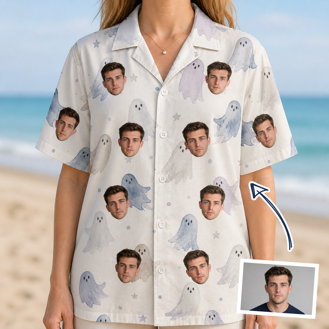 Woman wearing Women's Wraith Wiggles Custom Face Hawaiian Shirt — custom faces printed all-over