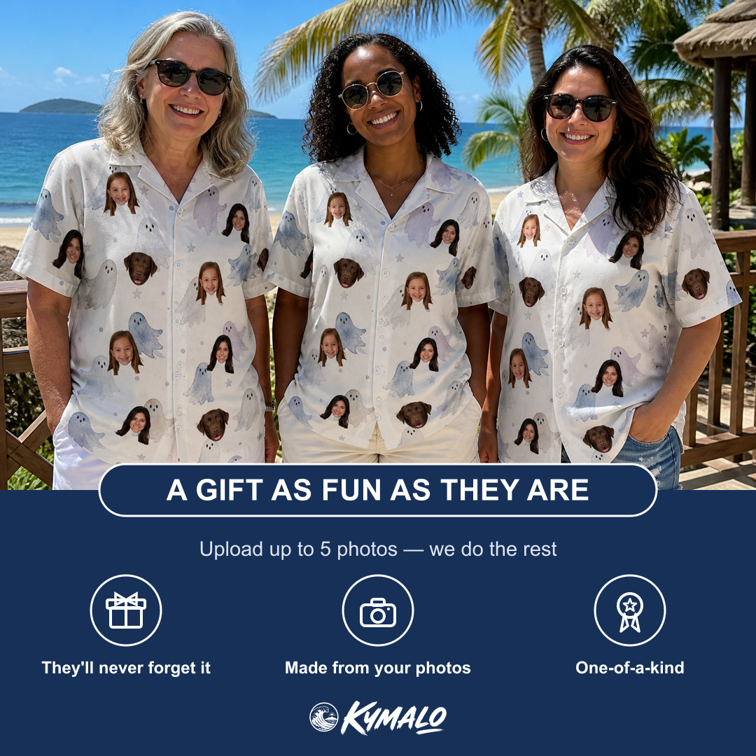 Friends in matching Women's Wraith Wiggles Custom Face Hawaiian Shirt — a group gift photo
