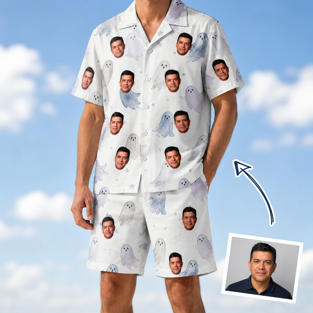 Man wearing Men's Wraith Wiggles Custom Face Shirt & Shorts Set — custom faces printed all-over