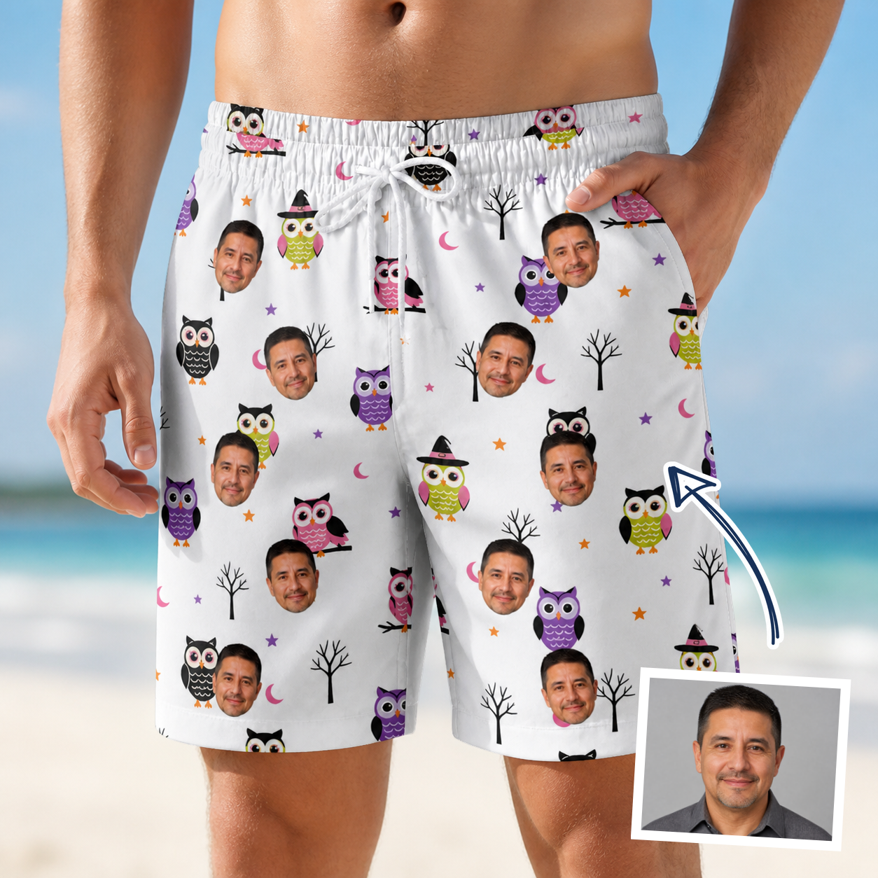 Man wearing Men's Talon Terrors Custom Face Beach Shorts — custom faces printed all-over