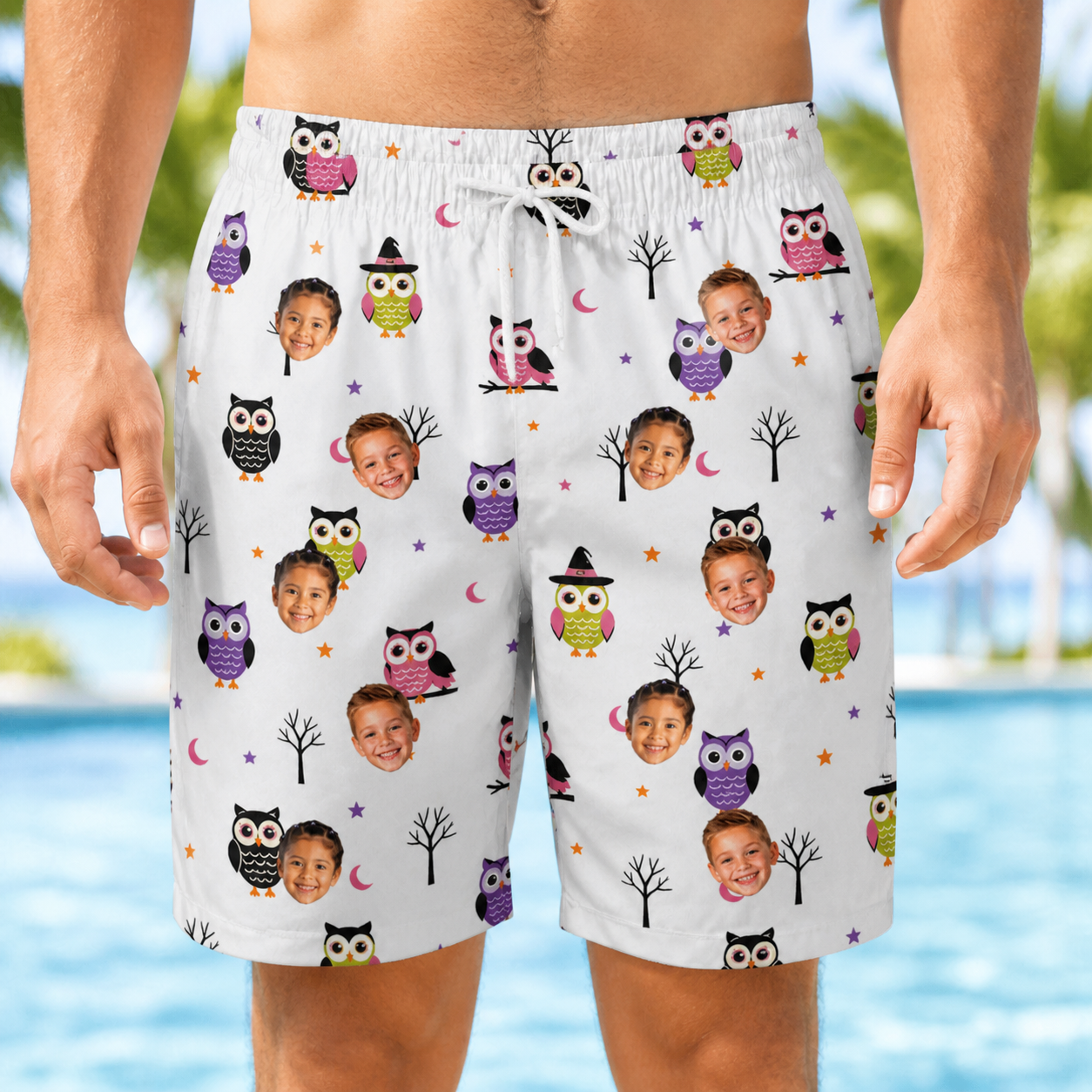 Model wearing Men's Talon Terrors Custom Face Beach Shorts printed with kids' faces
