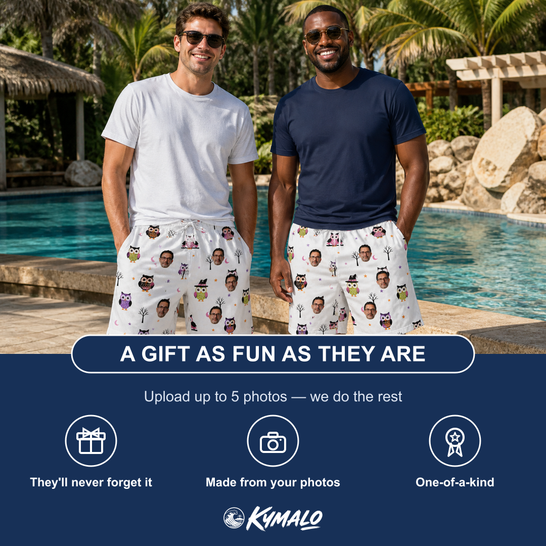 Friends in matching Men's Talon Terrors Custom Face Beach Shorts — a group gift photo