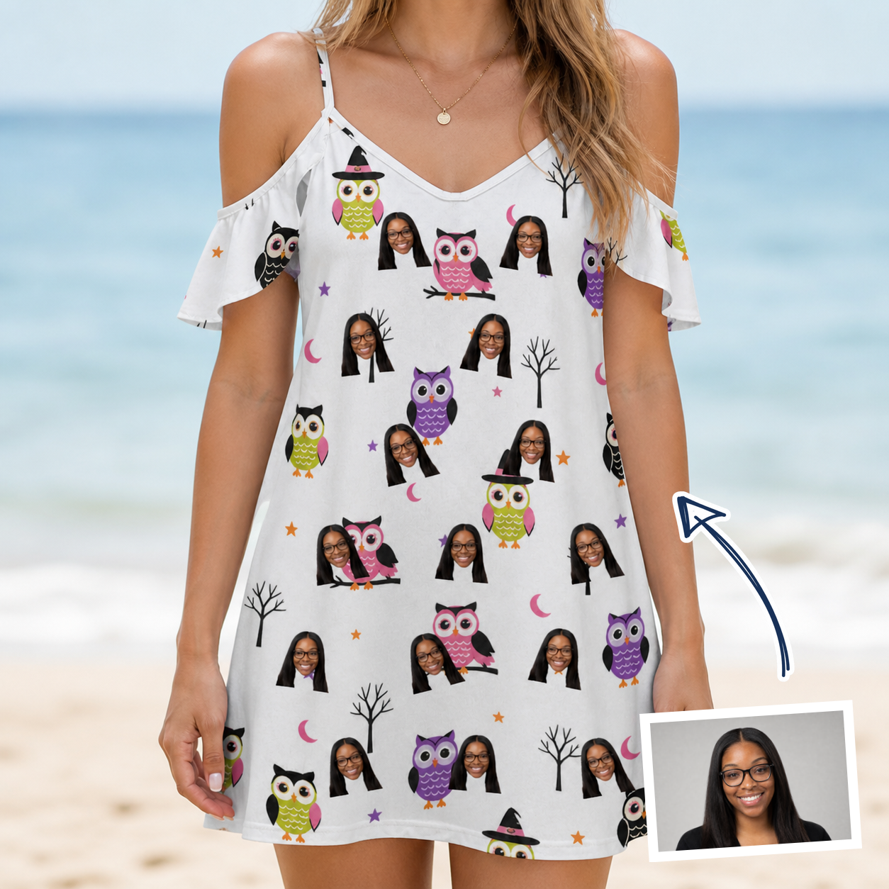 Woman wearing Women's Talon Terrors Custom Face Off-Shoulder Dress — custom faces printed all-over