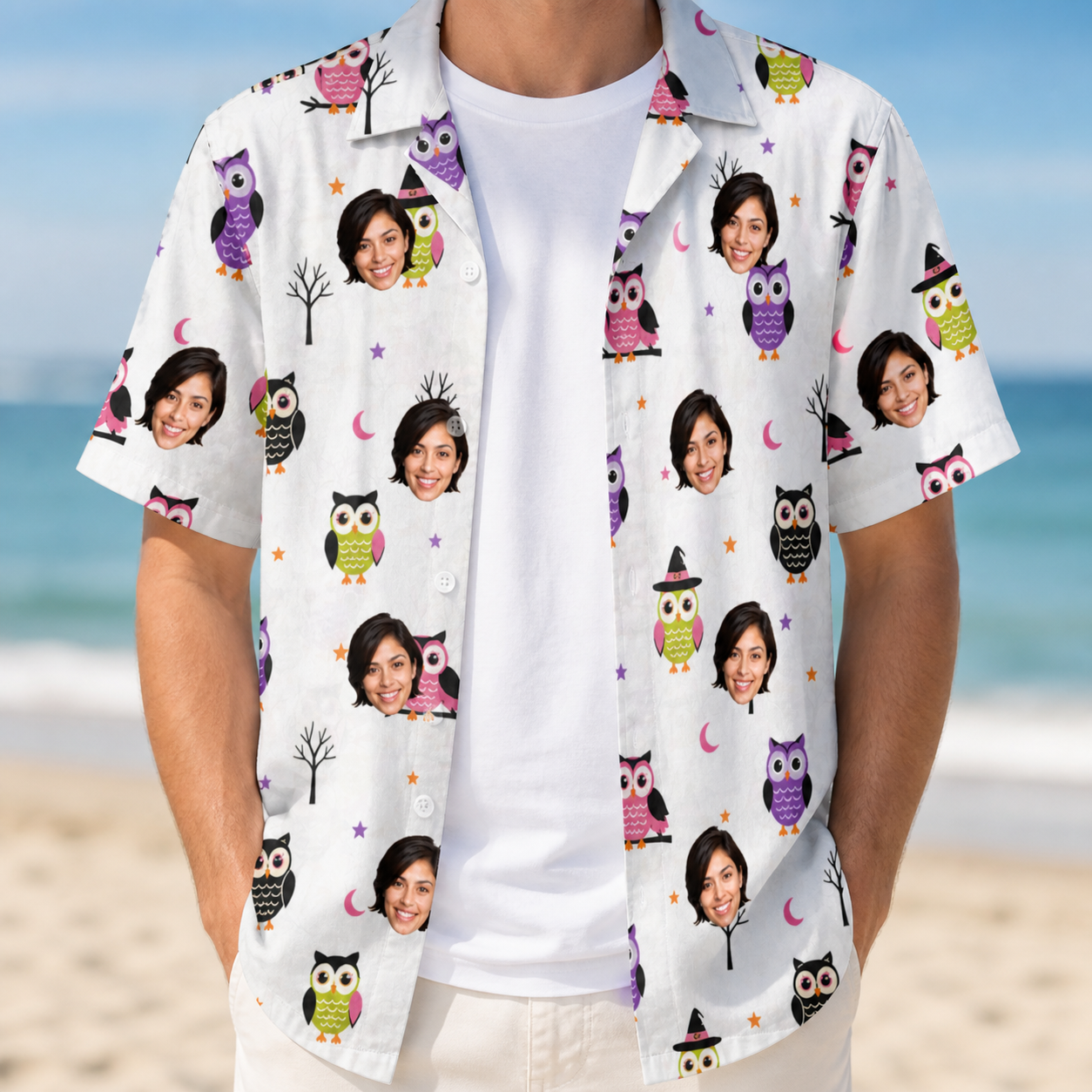 Man wearing Men's Talon Terrors Custom Face Hawaiian Shirt open over a white tee