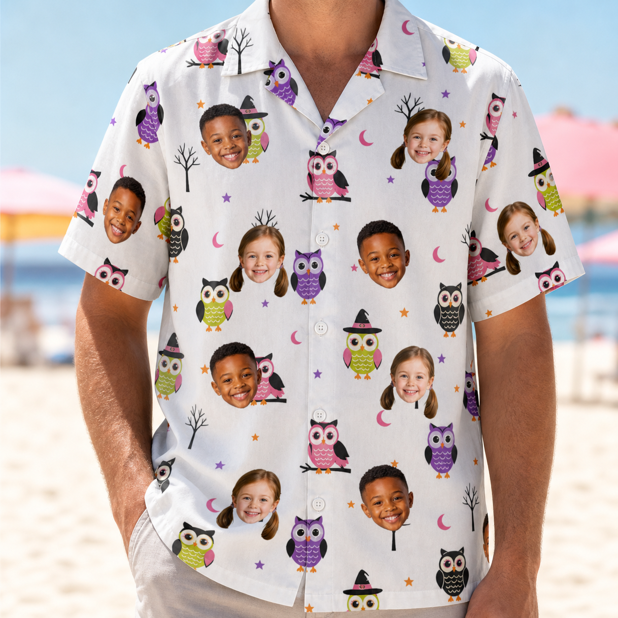 Model wearing Men's Talon Terrors Custom Face Hawaiian Shirt printed with kids' faces