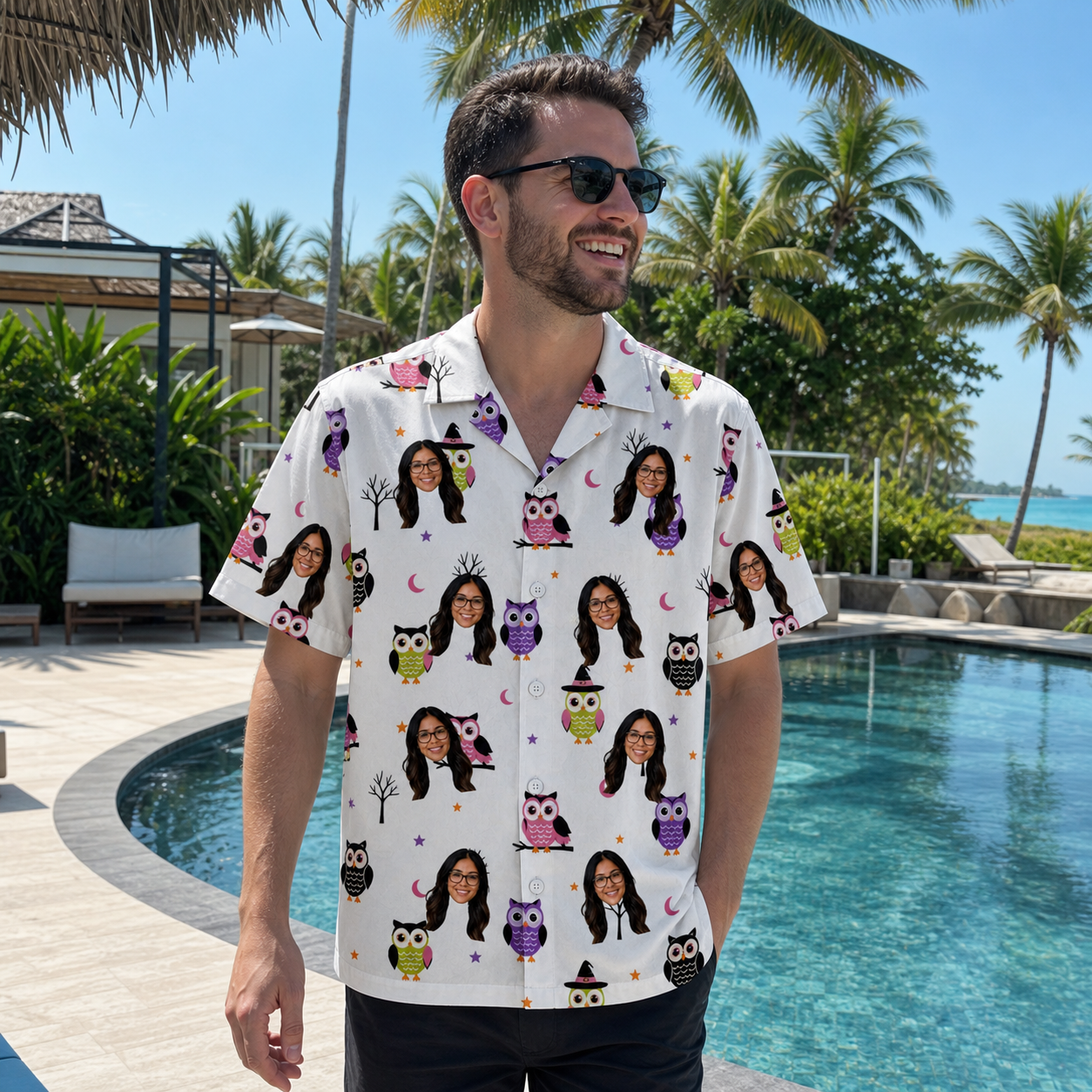 Real-life photo of someone wearing Men's Talon Terrors Custom Face Hawaiian Shirt — custom faces printed all-over