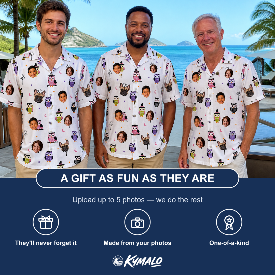 Friends in matching Men's Talon Terrors Custom Face Hawaiian Shirt — a group gift photo