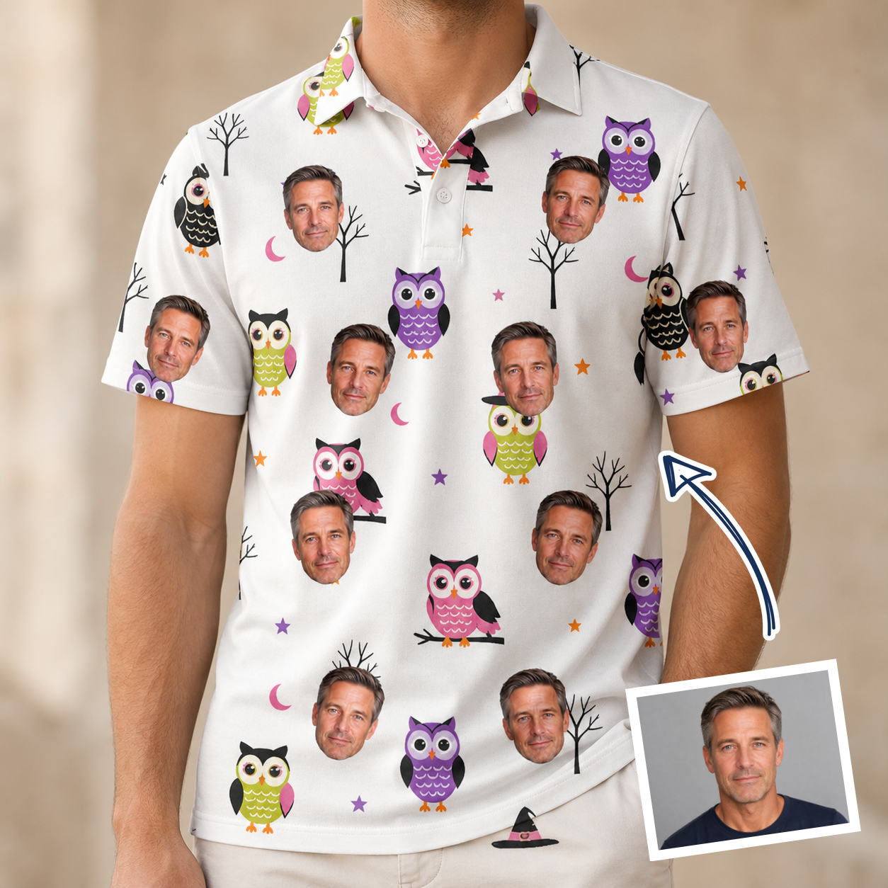 Man wearing Men's Talon Terrors Custom Face Polo Shirt — custom faces printed all-over