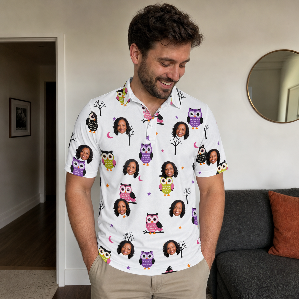 Real-life photo of someone wearing Men's Talon Terrors Custom Face Polo Shirt — custom faces printed all-over