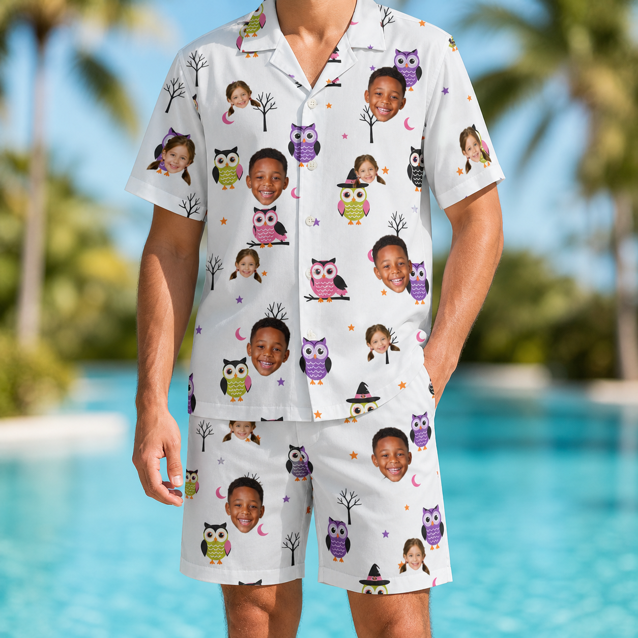 Model wearing Men's Talon Terrors Custom Face Shirt & Shorts Set printed with kids' faces
