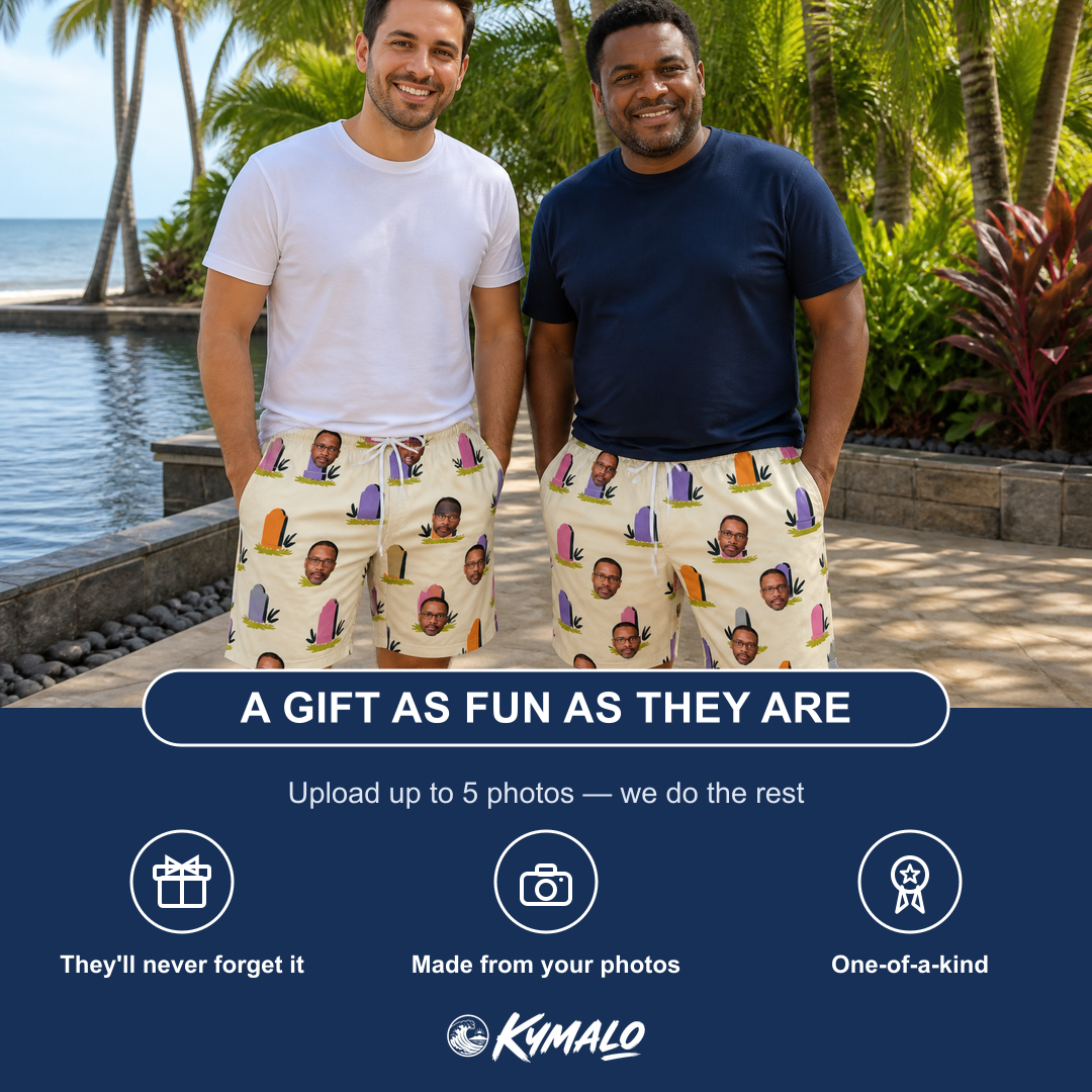 Friends in matching Men's Resting Jest Custom Face Beach Shorts — a group gift photo