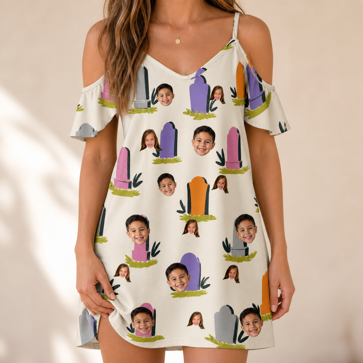 Model wearing Women's Resting Jest Custom Face Off-Shoulder Dress printed with kids' faces
