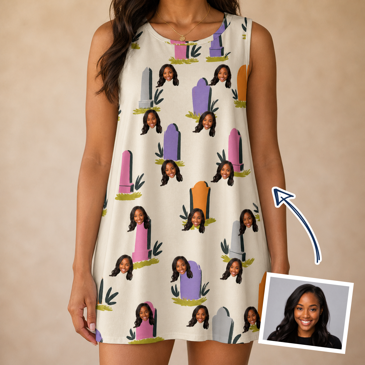 Woman wearing Women's Resting Jest Custom Face Tank Dress — custom faces printed all-over