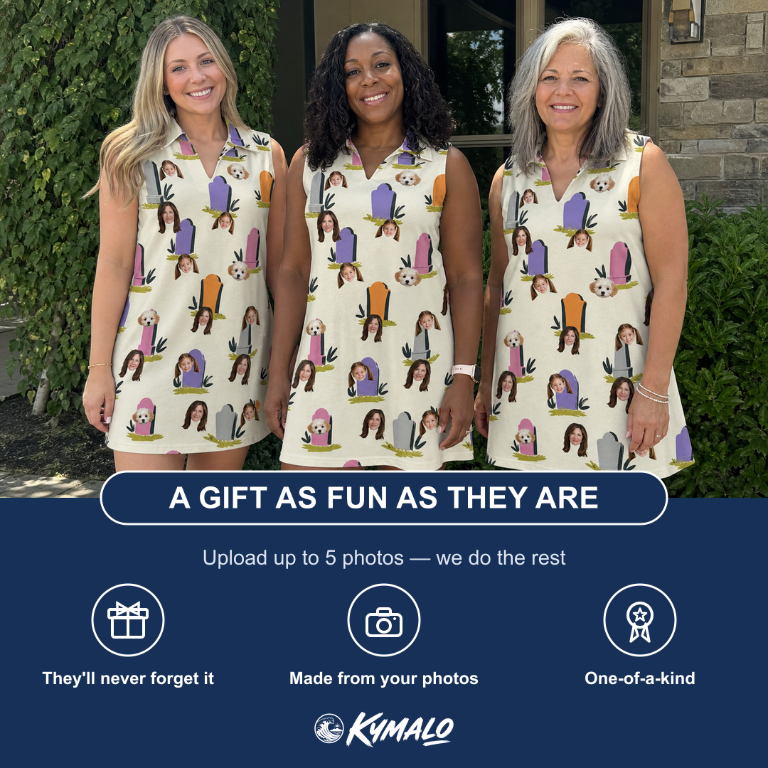 Friends in matching Women's Resting Jest Custom Face V-Neck Dress — a group gift photo