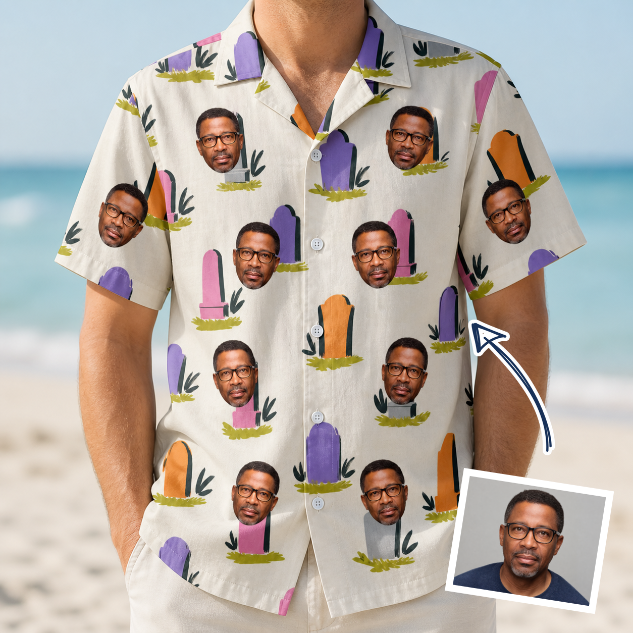 Man wearing Men's Resting Jest Custom Face Hawaiian Shirt — custom faces printed all-over