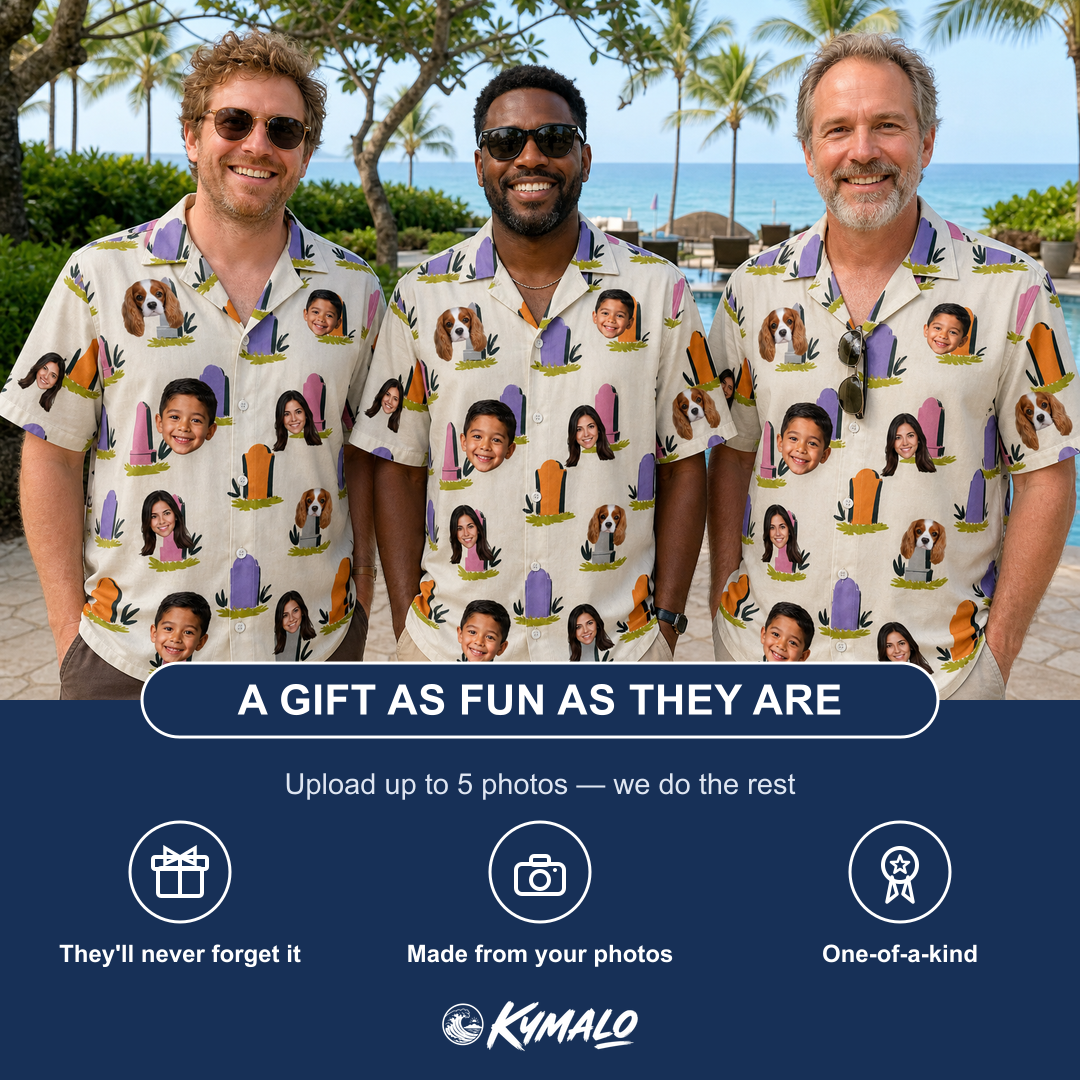 Friends in matching Men's Resting Jest Custom Face Hawaiian Shirt — a group gift photo