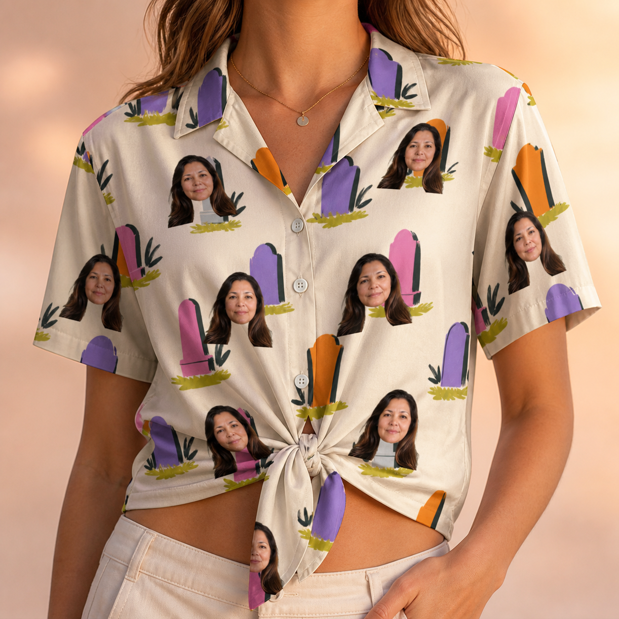 Woman wearing Women's Resting Jest Custom Face Hawaiian Shirt tied at the waist