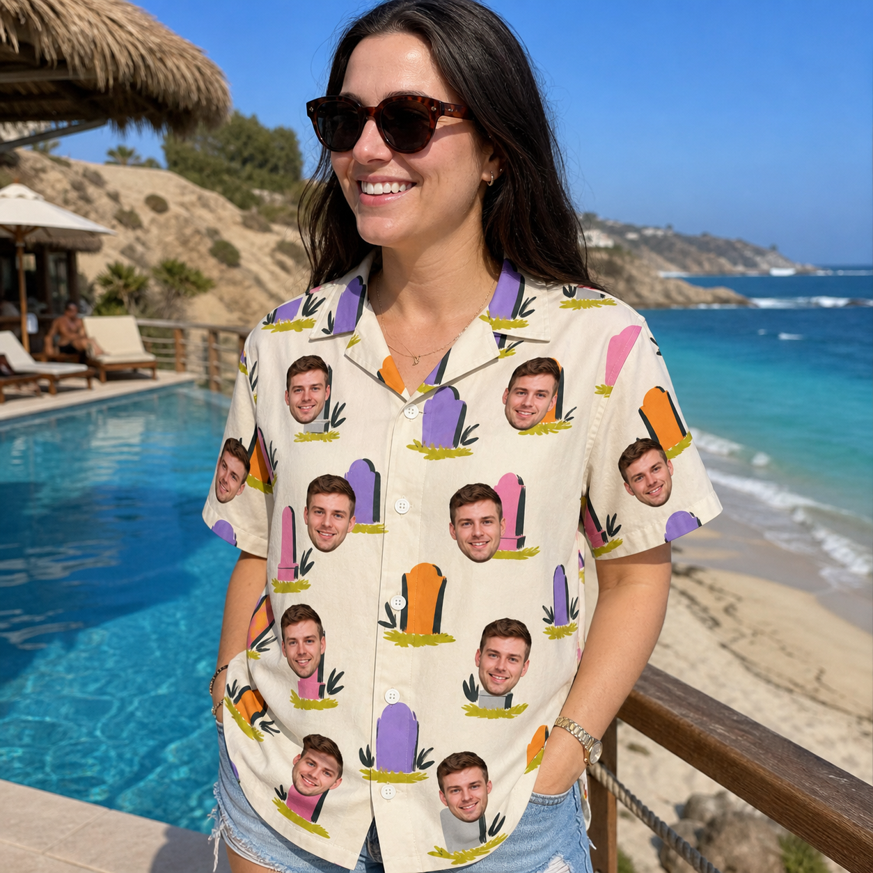 Real-life photo of someone wearing Women's Resting Jest Custom Face Hawaiian Shirt — custom faces printed all-over
