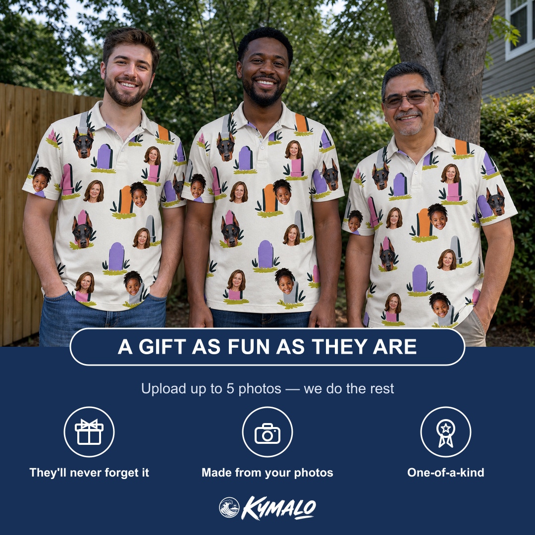 Friends in matching Men's Resting Jest Custom Face Polo Shirt — a group gift photo