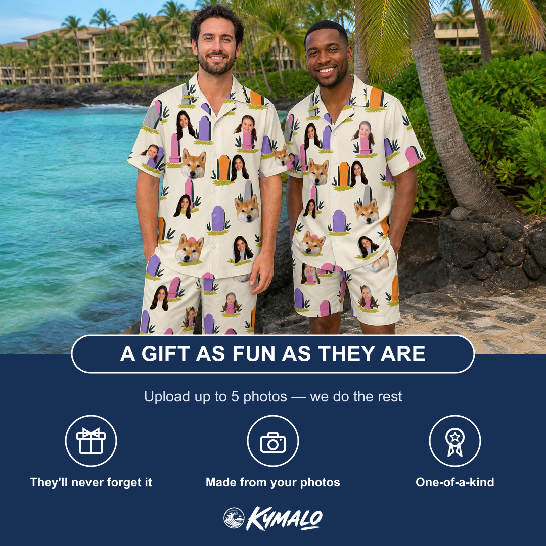 Friends in matching Men's Resting Jest Custom Face Shirt & Shorts Set — a group gift photo
