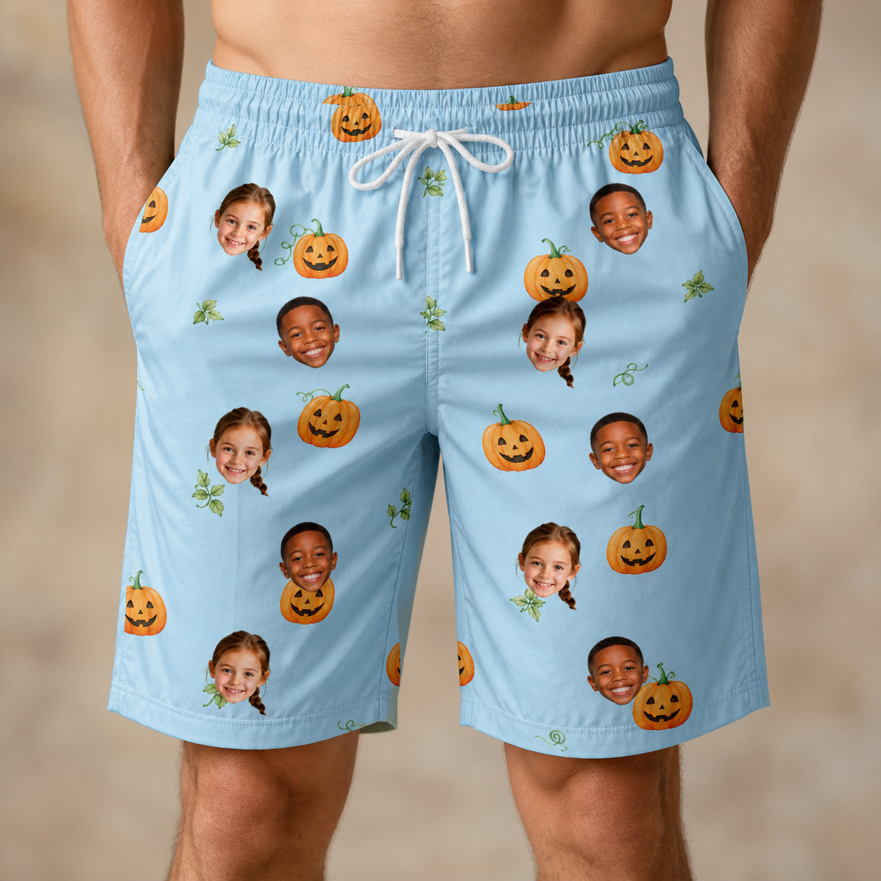Model wearing Men's Toothy Torchlight Custom Face Beach Shorts printed with kids' faces