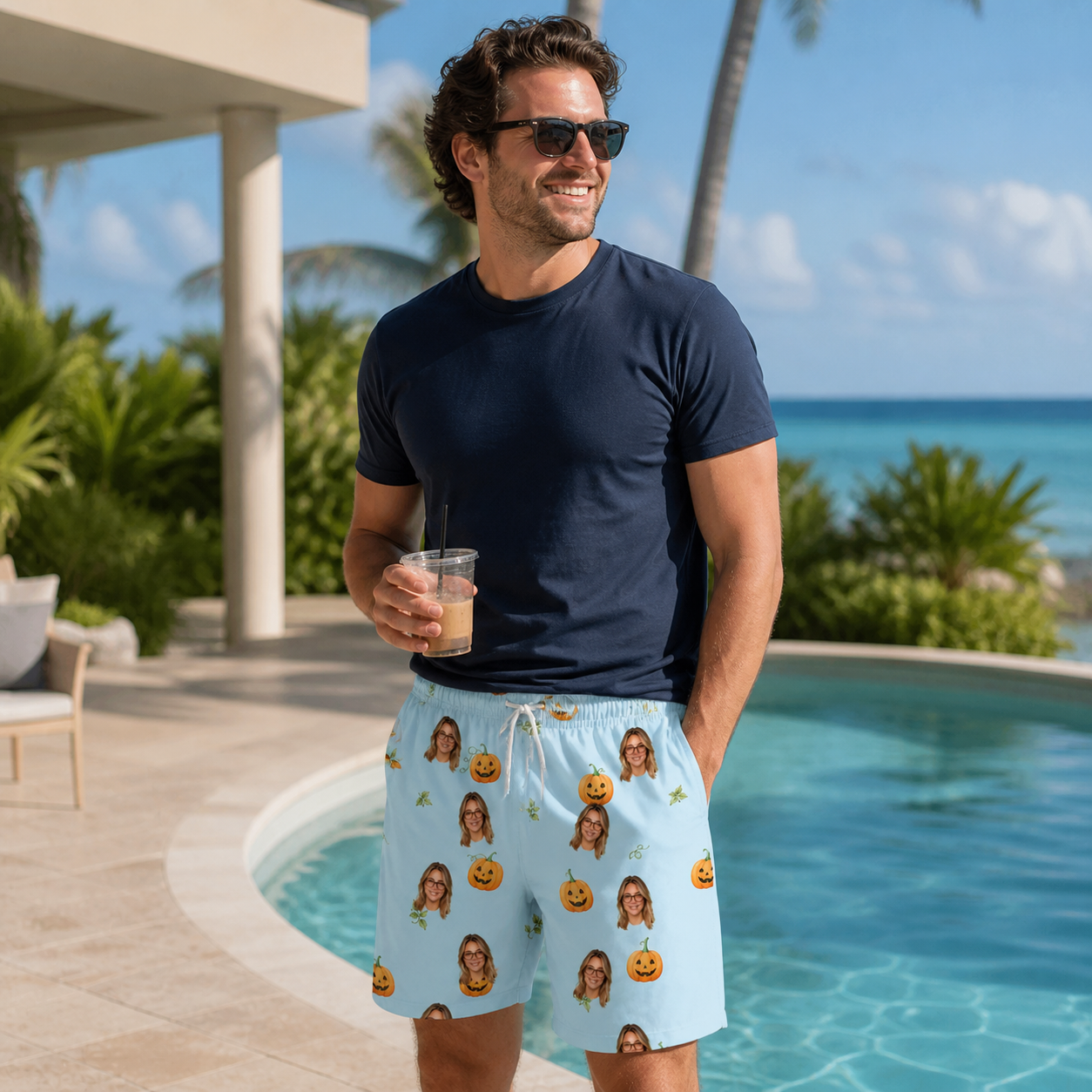 Real-life photo of someone wearing Men's Toothy Torchlight Custom Face Beach Shorts — custom faces printed all-over
