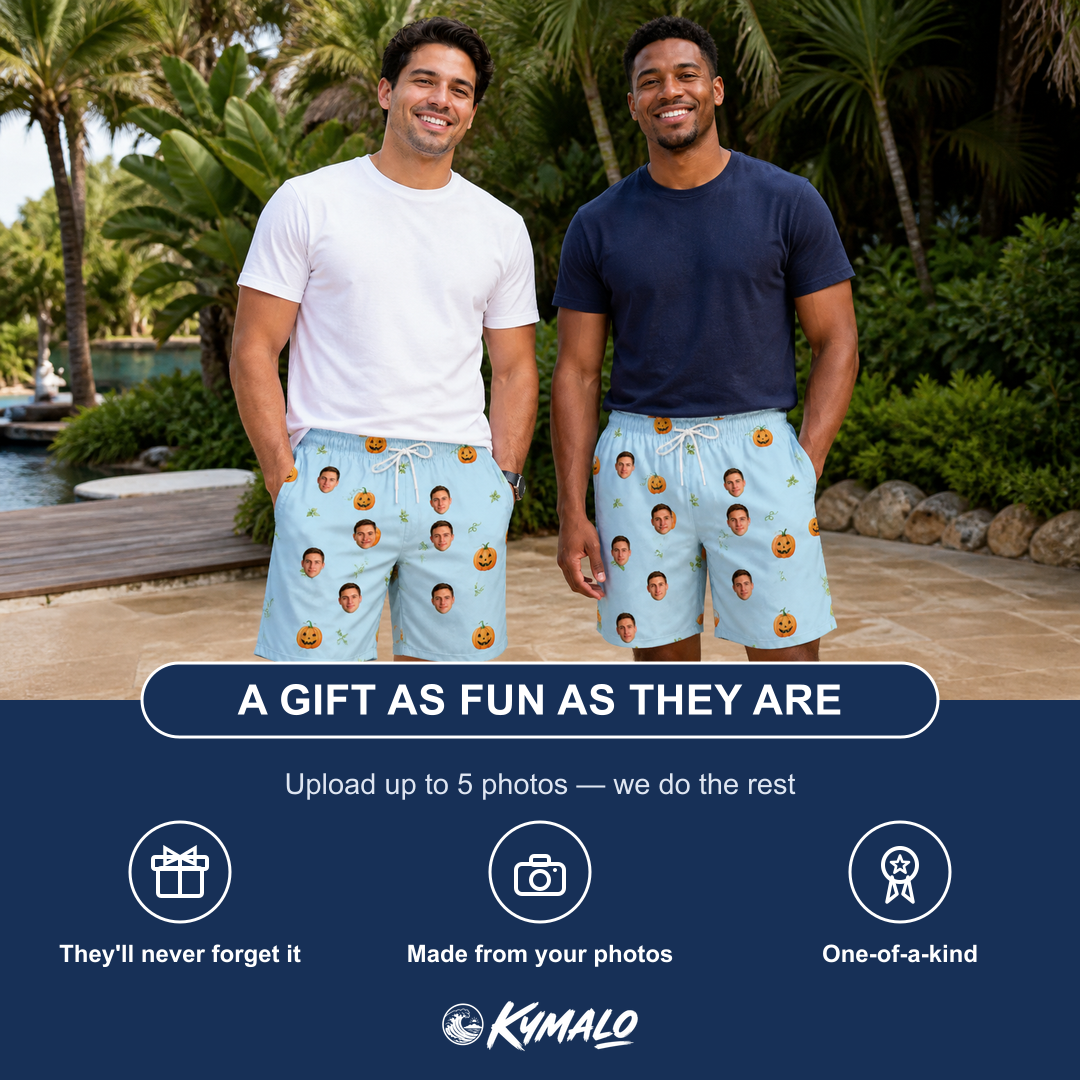 Friends in matching Men's Toothy Torchlight Custom Face Beach Shorts — a group gift photo