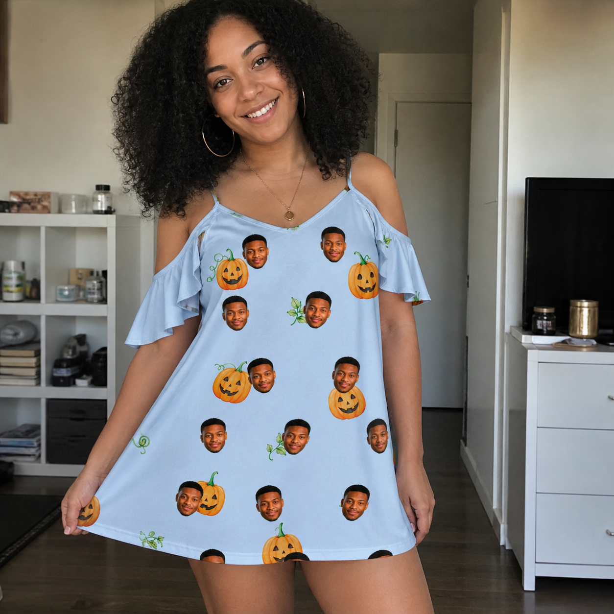 Real-life photo of someone wearing Women's Toothy Torchlight Custom Face Off-Shoulder Dress — custom faces printed all-over