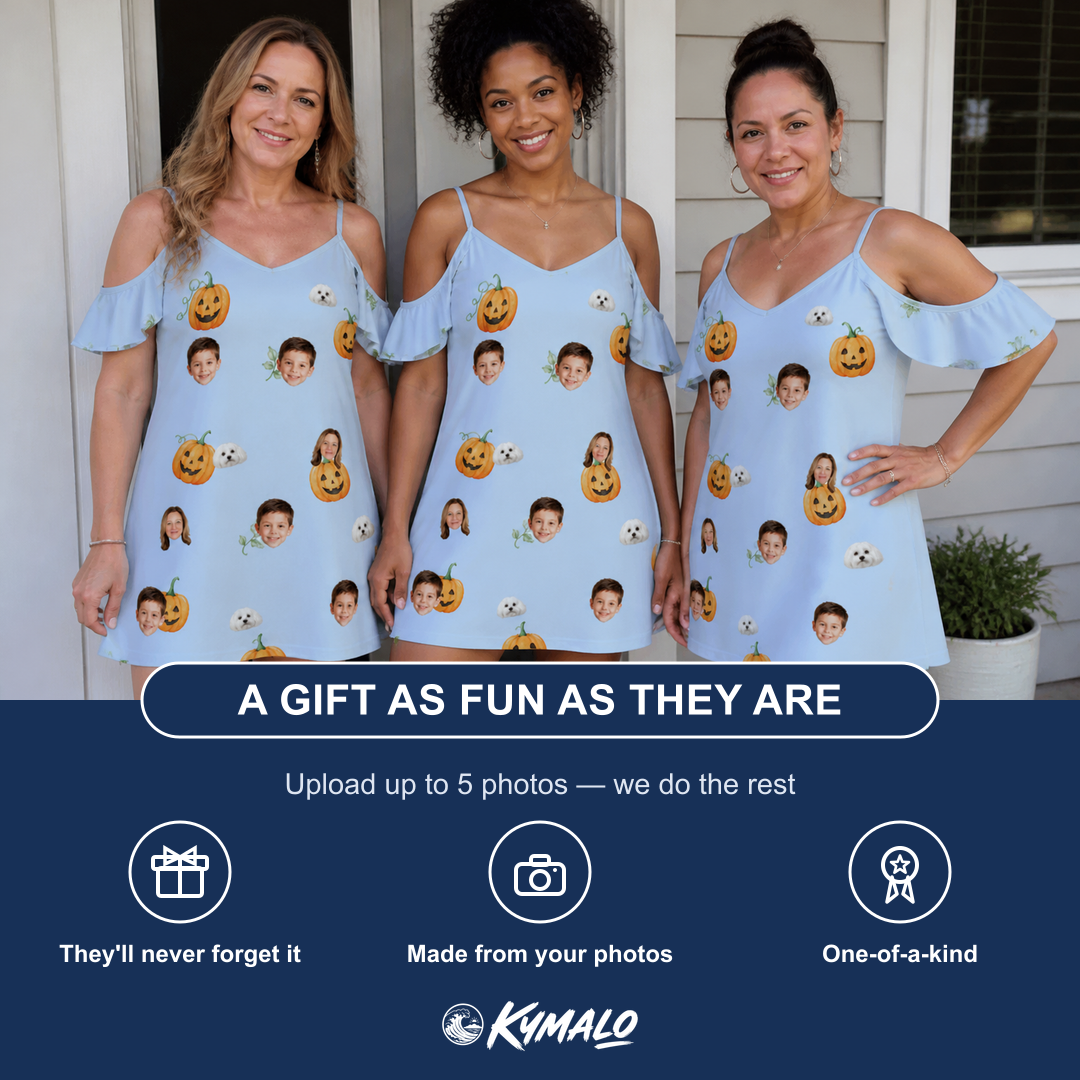 Friends in matching Women's Toothy Torchlight Custom Face Off-Shoulder Dress — a group gift photo
