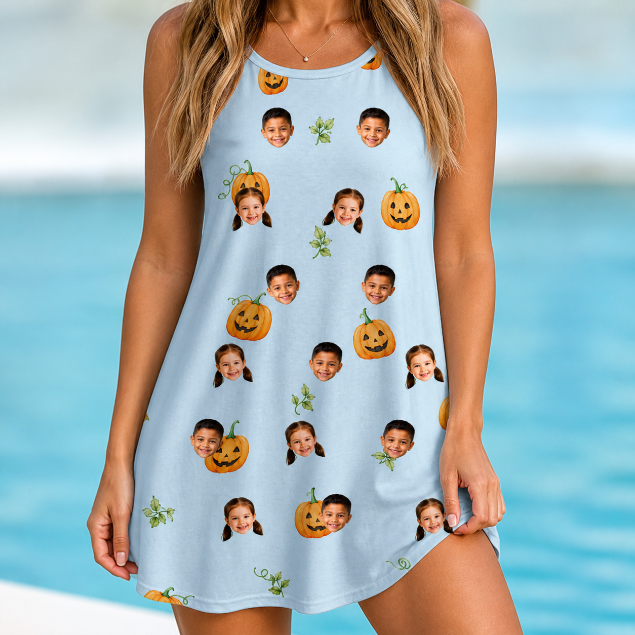 Model wearing Women's Toothy Torchlight Custom Face Tank Dress printed with kids' faces