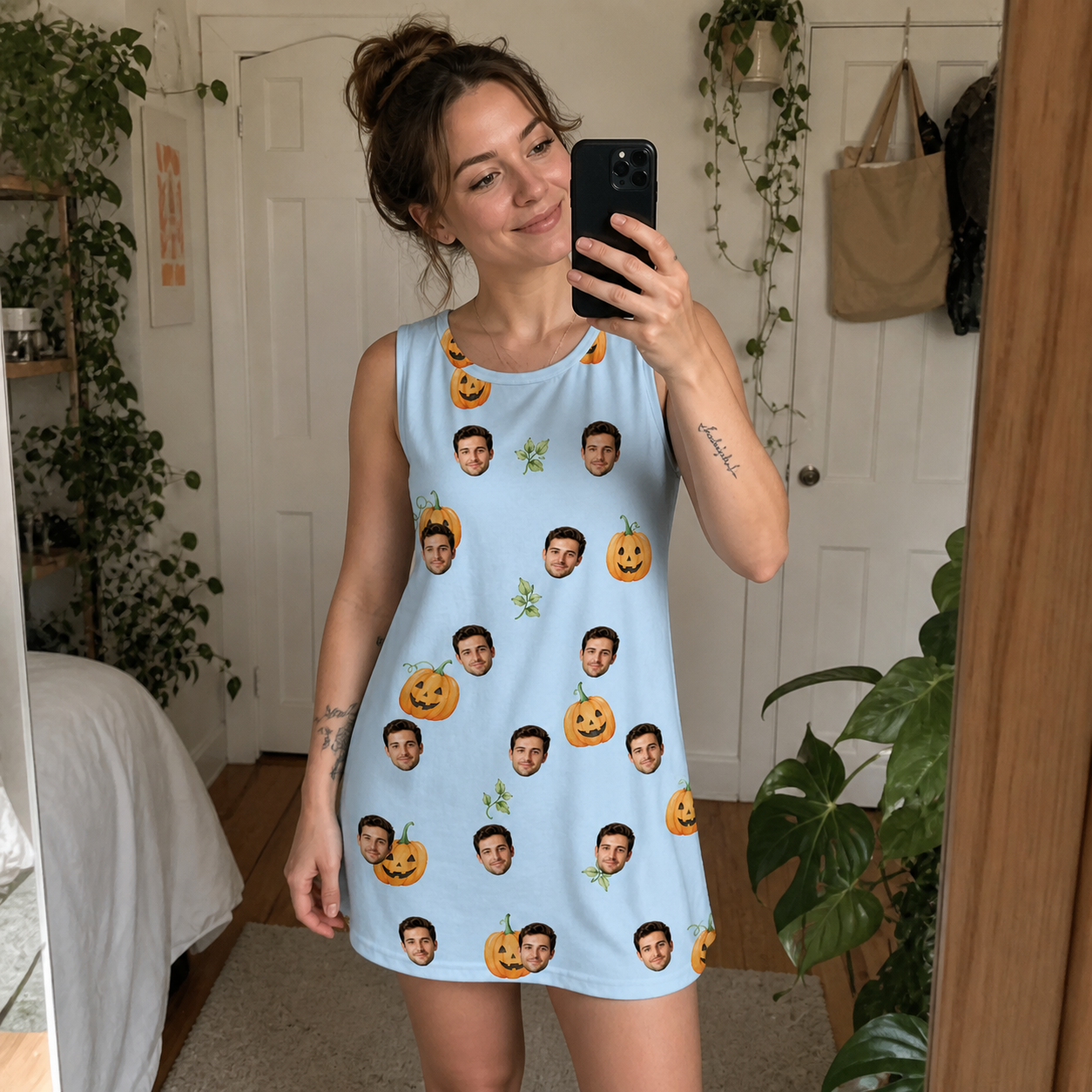 Real-life photo of someone wearing Women's Toothy Torchlight Custom Face Tank Dress — custom faces printed all-over