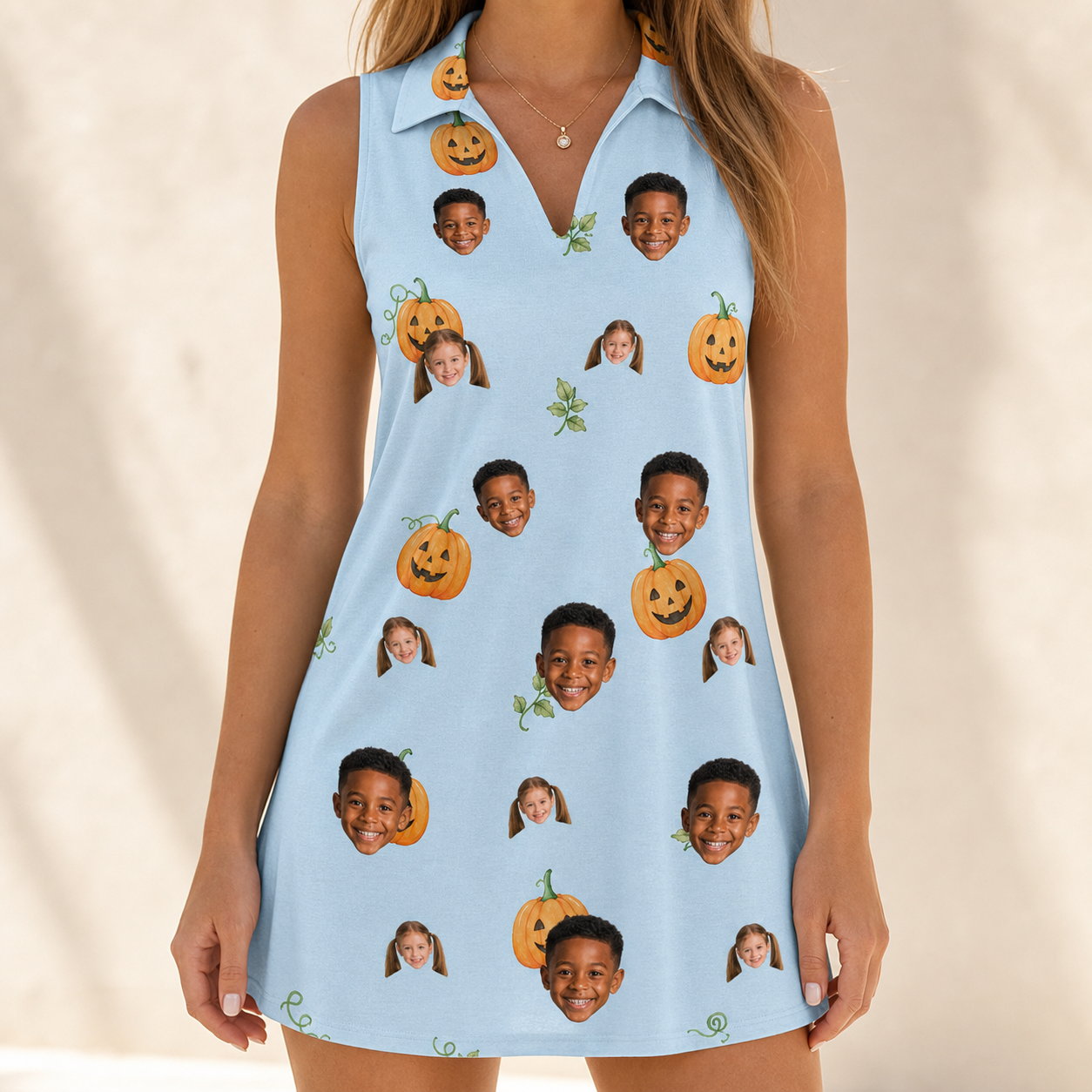 Model wearing Women's Toothy Torchlight Custom Face V-Neck Dress printed with kids' faces