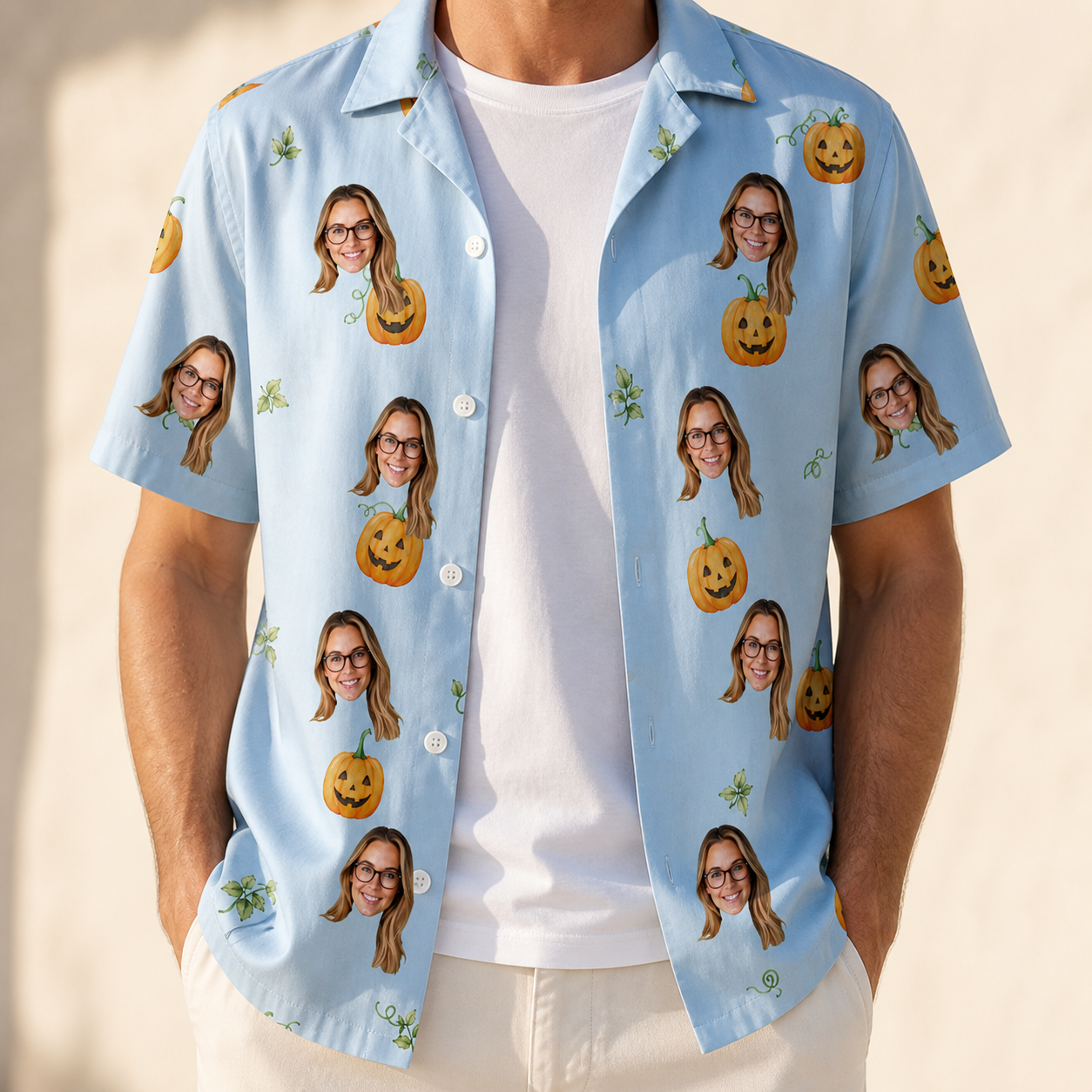 Man wearing Men's Toothy Torchlight Custom Face Hawaiian Shirt open over a white tee