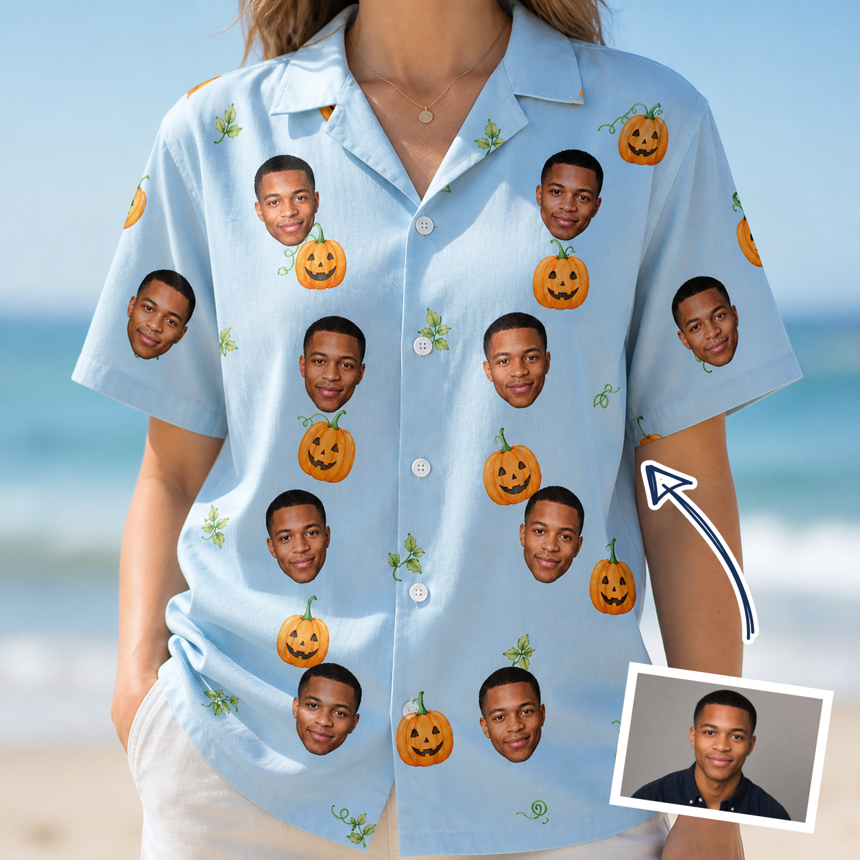 Woman wearing Women's Toothy Torchlight Custom Face Hawaiian Shirt — custom faces printed all-over