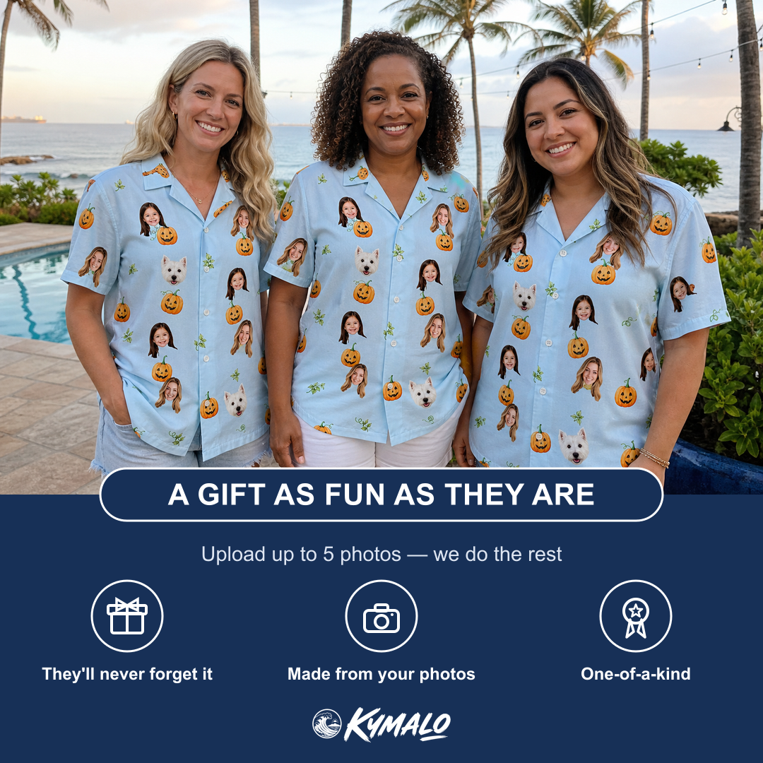Friends in matching Women's Toothy Torchlight Custom Face Hawaiian Shirt — a group gift photo