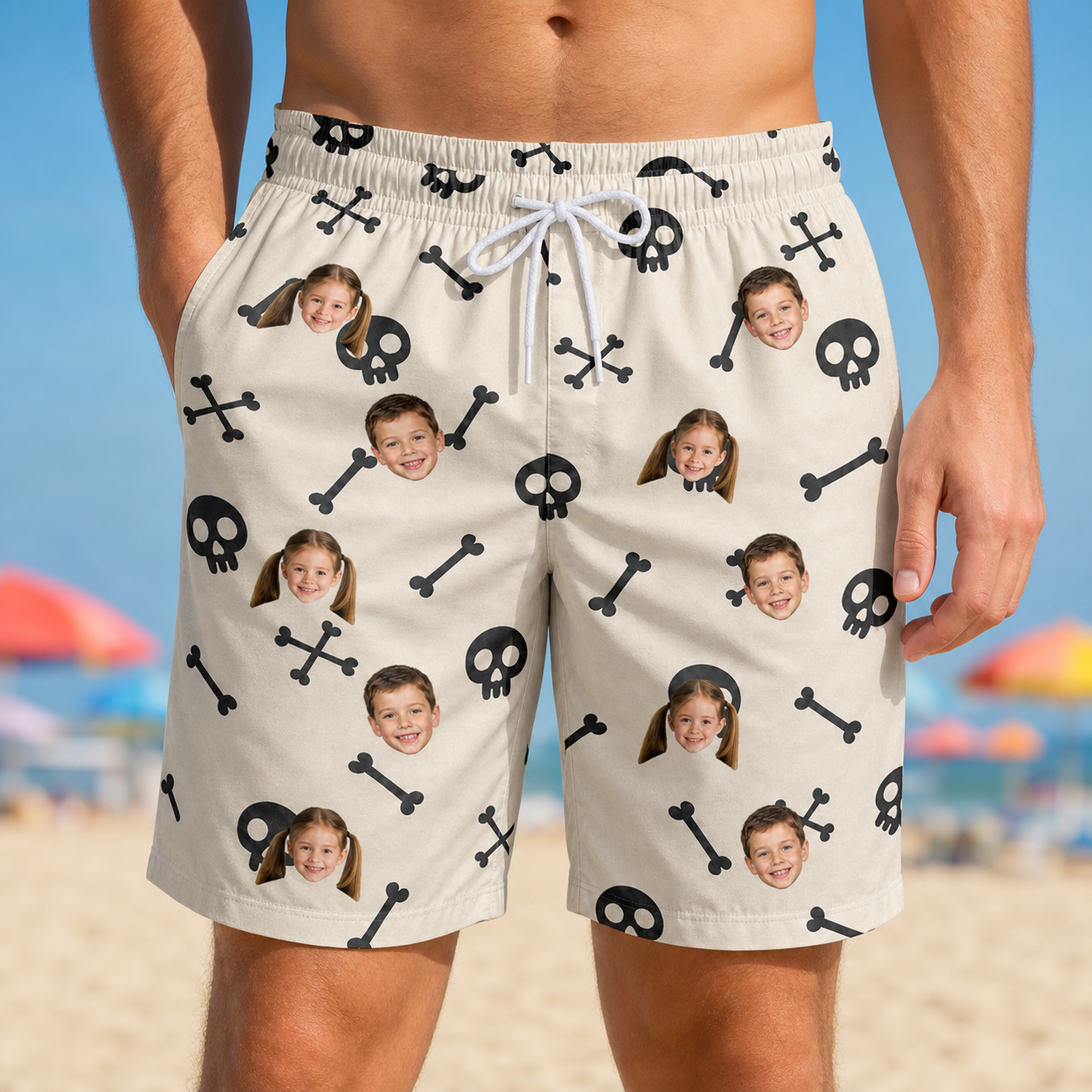 Model wearing Men's Skeleton Shenanigans Custom Face Beach Shorts printed with kids' faces